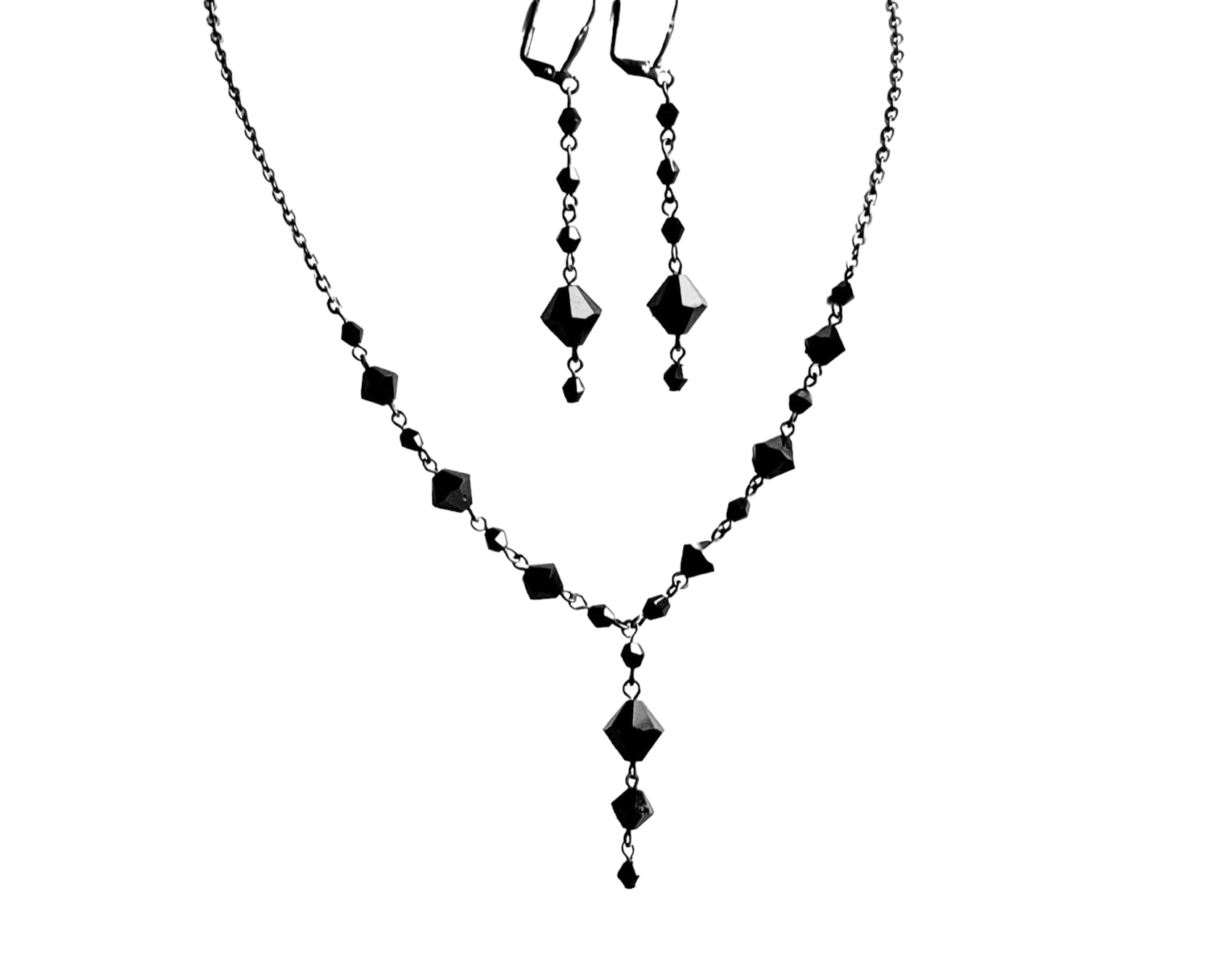 Victorian Midnight Sky Vintage Black Crystal Necklace and Earrings