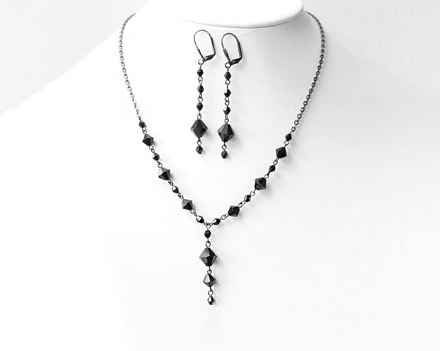 Victorian Inspired Black Y style Necklace and Earring Set, Vintage Black Crystal, Long Dangle Earrings