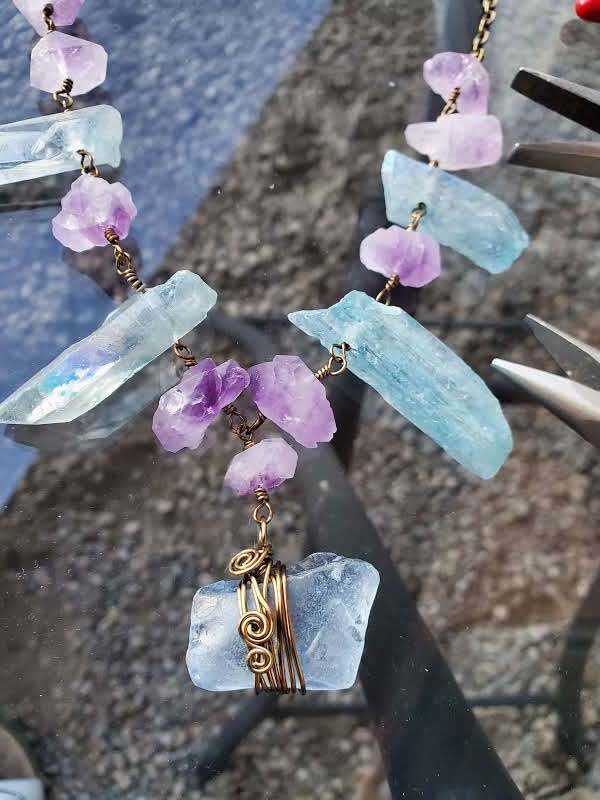 Amethyst & Aqua Aurora Quartz Beach Glass Necklace, Aqua Aurora, Amethyst Crystal, Blue Beach Glass