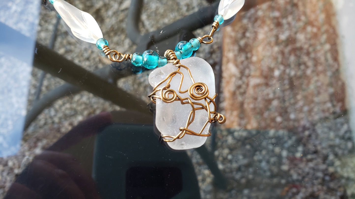  Life Giving Water Necklace, Clear Beach Glass, Turquoise blue and Clear Glass, Wire Wrapped with Antique brass