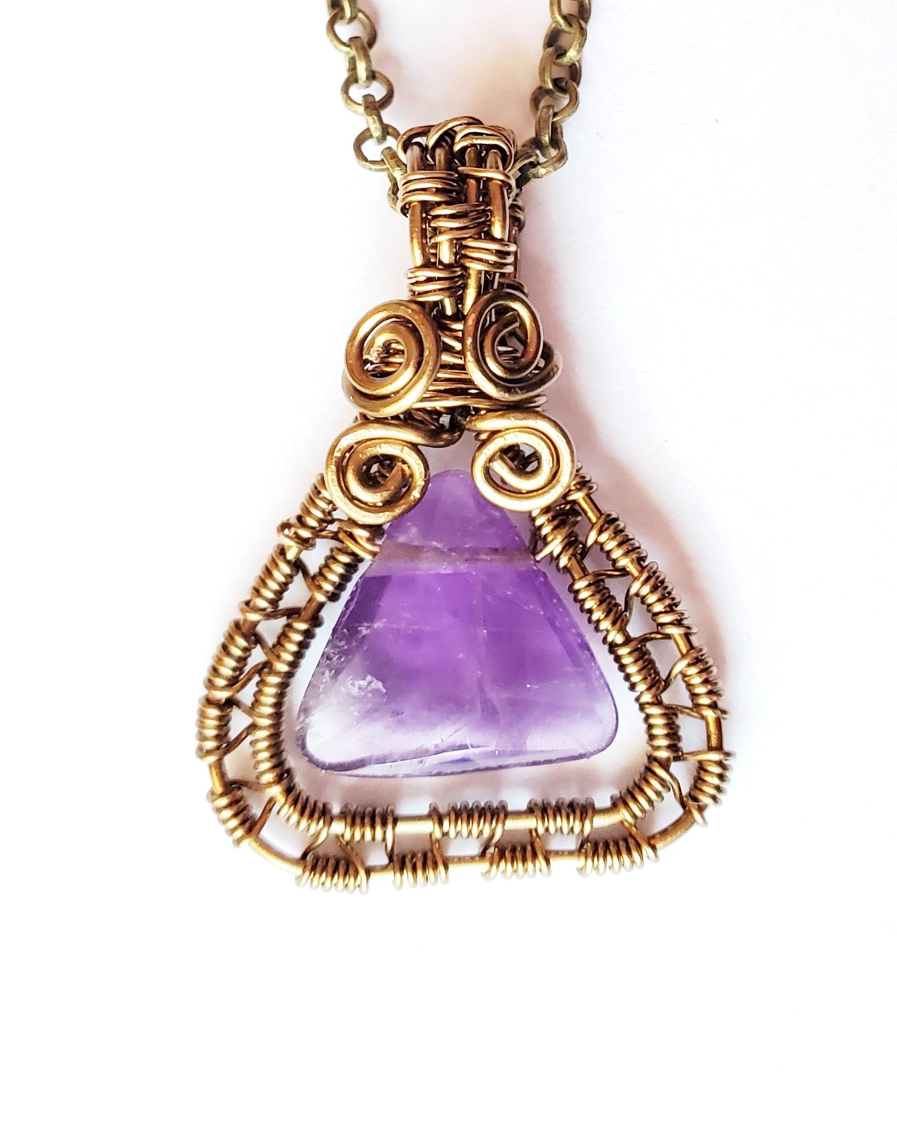 Peaceful Purple Amethyst Pendant, Triangle shaped Genuine Amethyst, Wire Wrapped with Antiqued on Chain