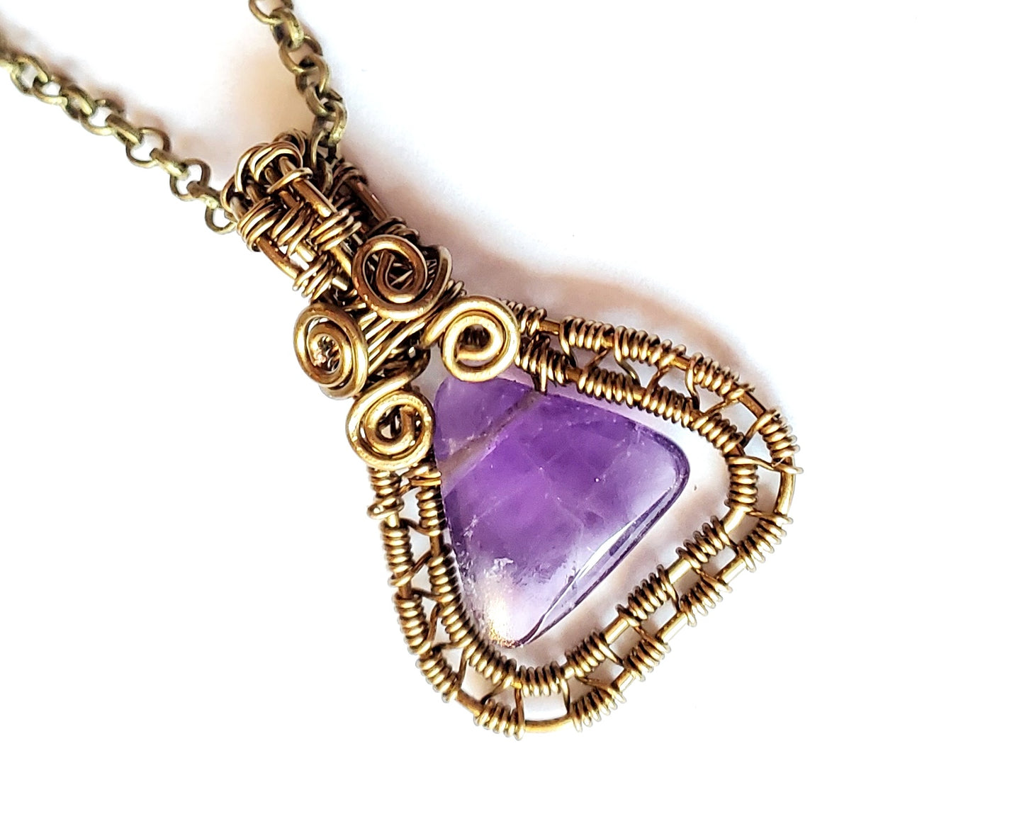 Peaceful Purple Amethyst Pendant, Triangle shaped Genuine Amethyst, Wire Wrapped with Antiqued on Chain