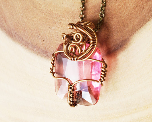 Vintage Rose Pink Glass Pendant, Large Wire Wrapped Vintage Glass Pendant on Chain, Antique Brass