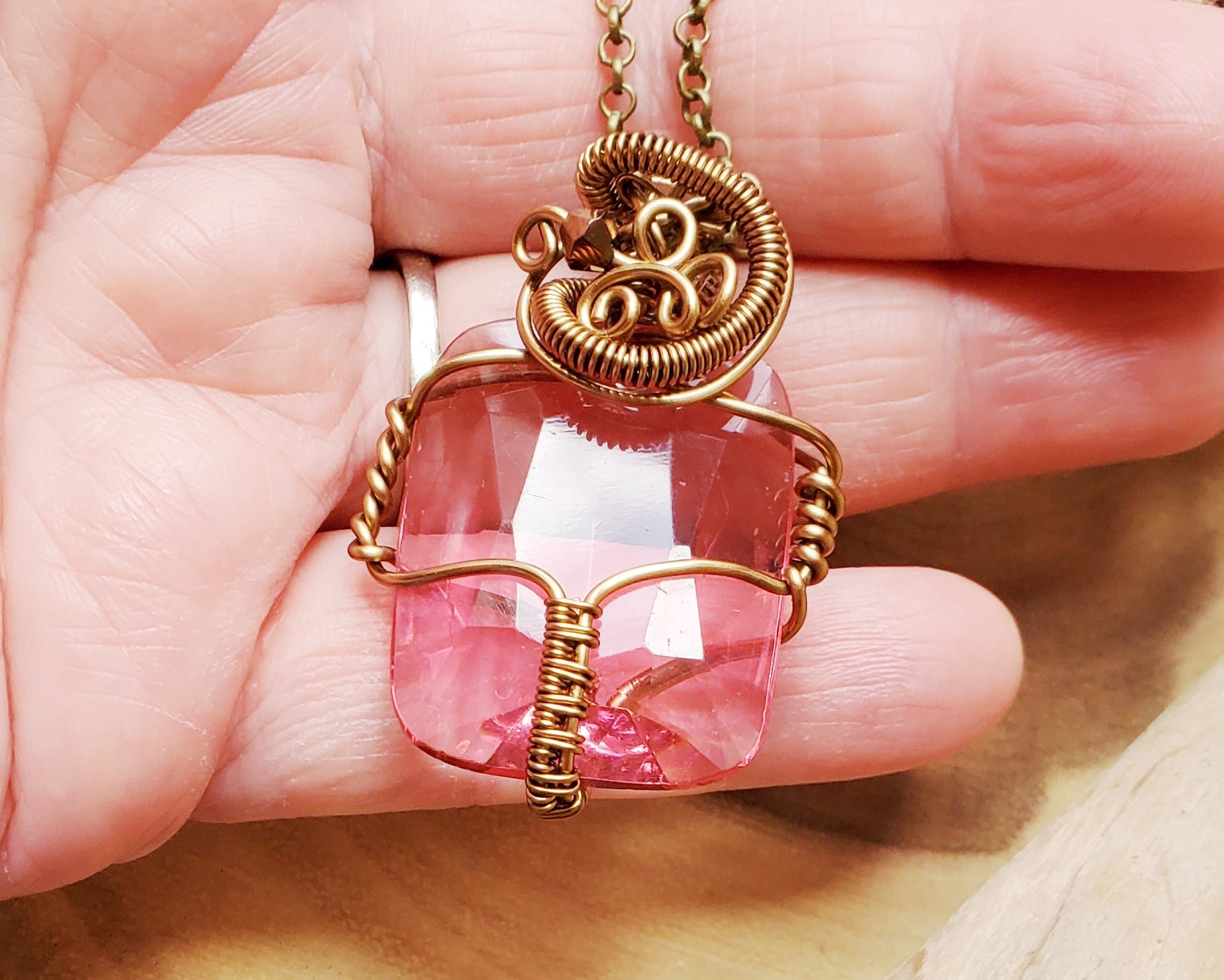 Vintage Rose Pink Glass Pendant, Large Wire Wrapped Vintage Glass Pendant on Chain, Antique Brass