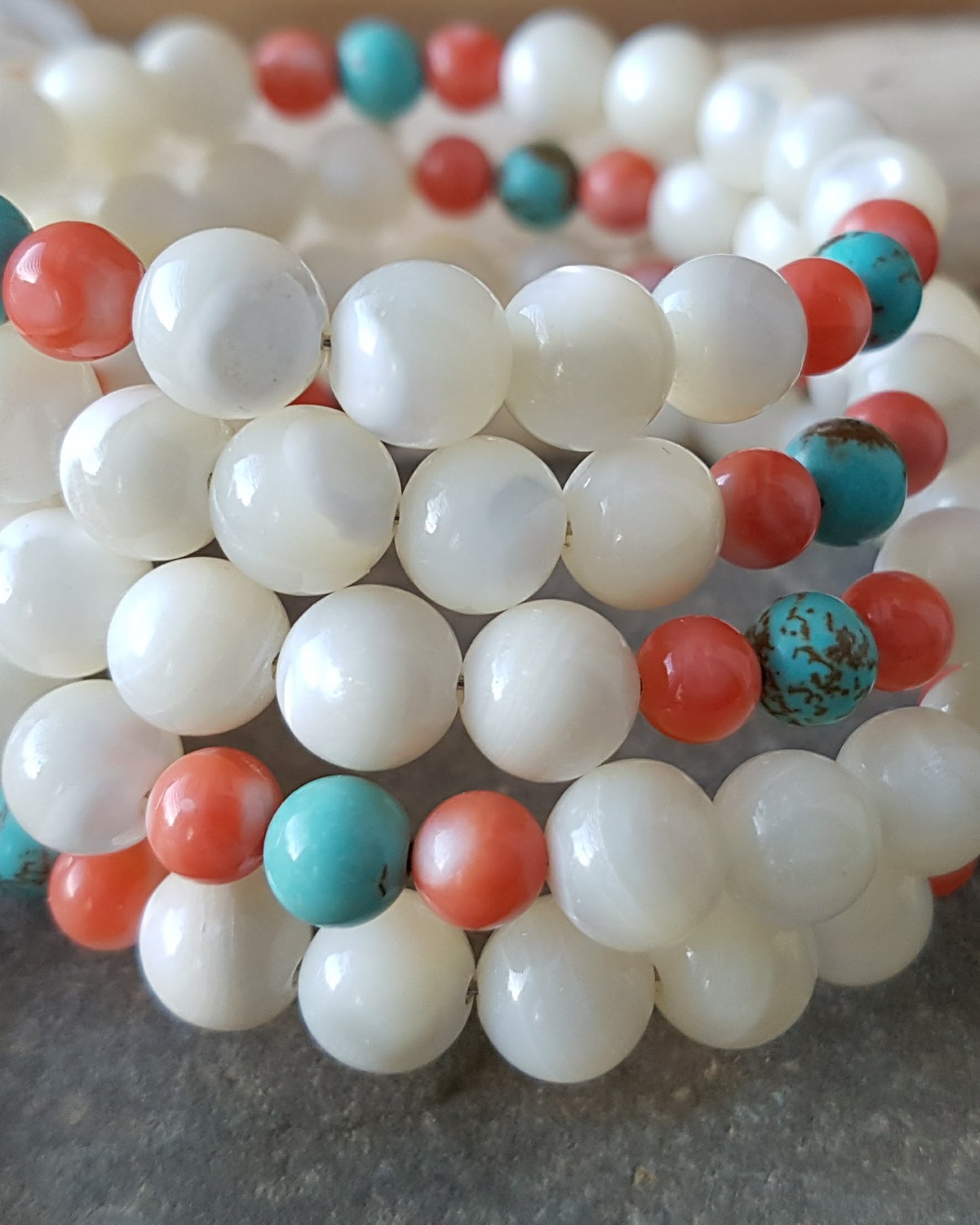 Boho Mother of Pearl, Coral, Turquoise, Tassel, Wrap Bracelet on Memory Wire & Handmade Tassels