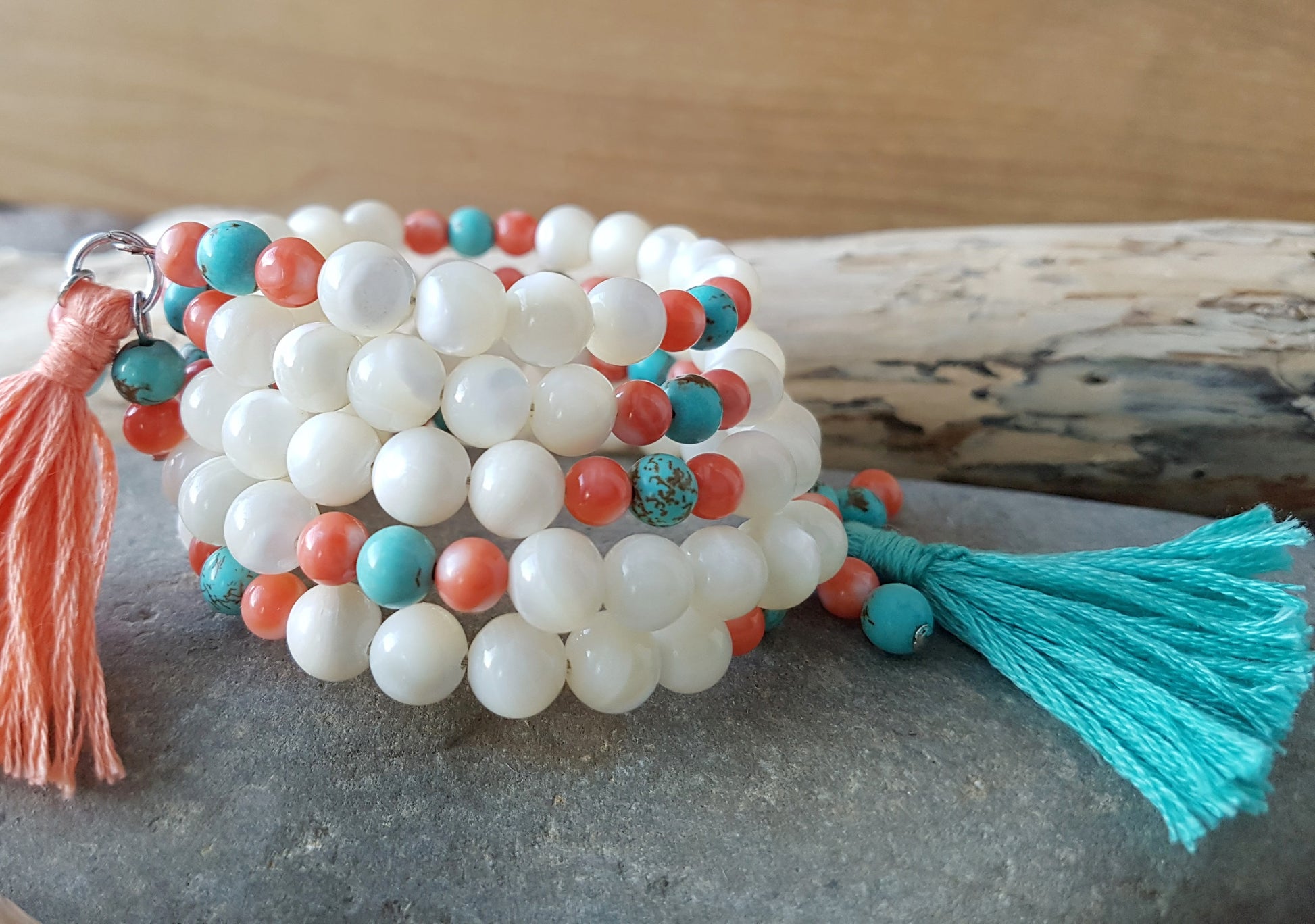 Boho Mother of Pearl, Coral, Turquoise, Tassel, Wrap Bracelet on Memory Wire & Handmade Tassels