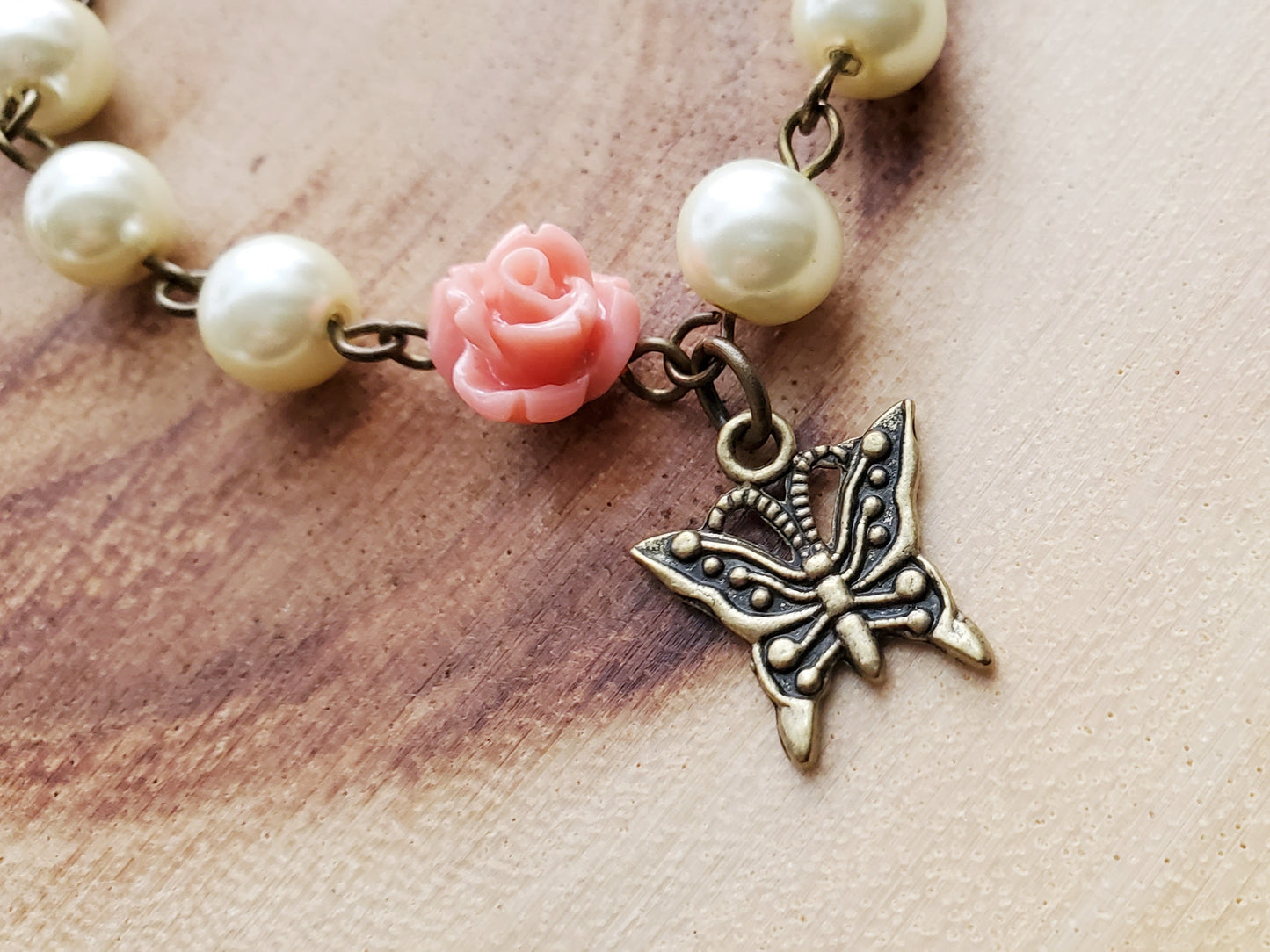 Garden of Faith Pearl Rose Cross Butterfly Heart Bracelet