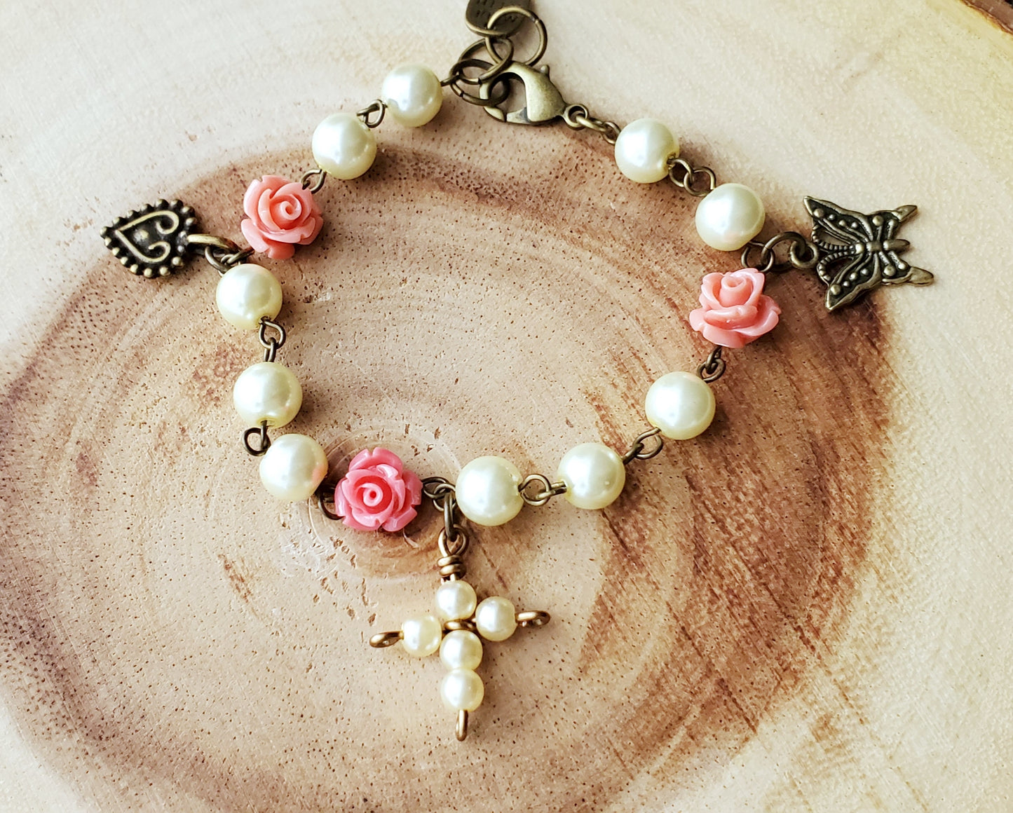 Garden of Faith Pearl Rose Cross Butterfly Heart Bracelet