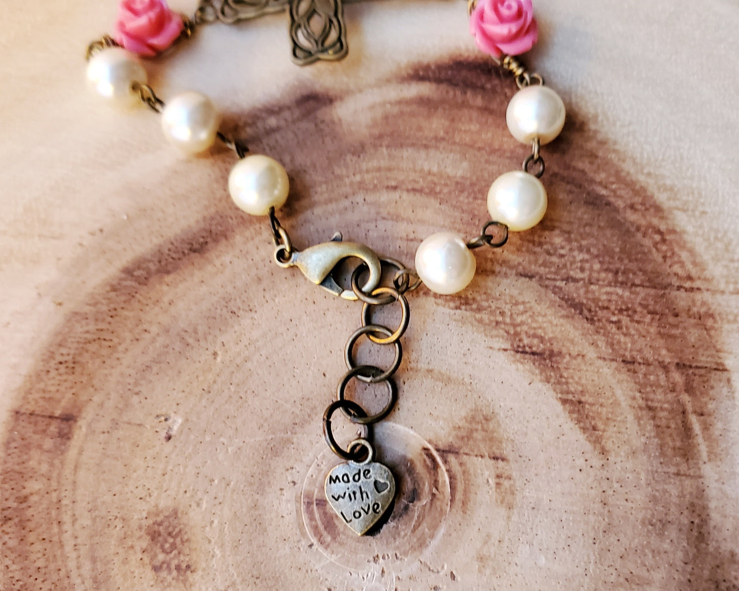 Garden of Faith Pearl Rose Sideways Cross Butterfly Heart Bracelet made with Upcycled Vintage Faux Pearls