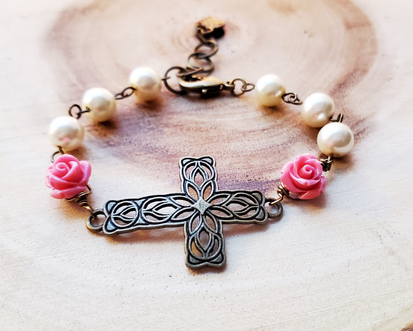 Garden of Faith Pearl Rose Sideways Cross Butterfly Heart Bracelet made with Upcycled Vintage Faux Pearls