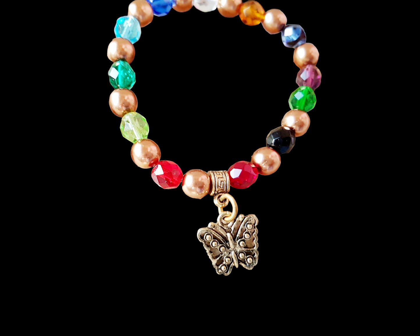 Twelve Stone Butterfly Pearl Bracelet with Twelve Color Glass Stones Inspired by the Breast Plate High Priest Exodus 28, with Gold Pearls and Butterfly Pendant