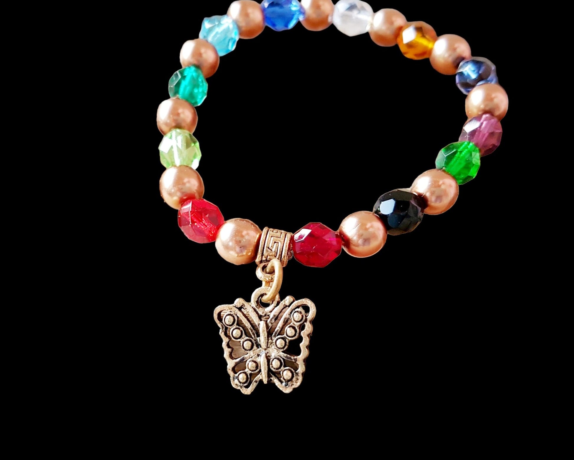 Twelve Stone Butterfly Pearl Bracelet with Twelve Color Glass Stones Inspired by the Breast Plate High Priest Exodus 28, with Gold Pearls and Butterfly Pendant