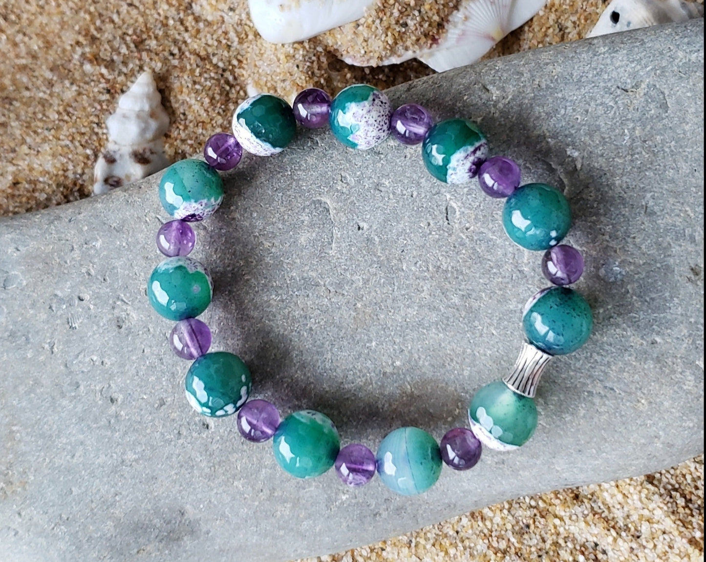 Beaded Amethyst and Green Agate Beaded Bracelet with silver tube bead.