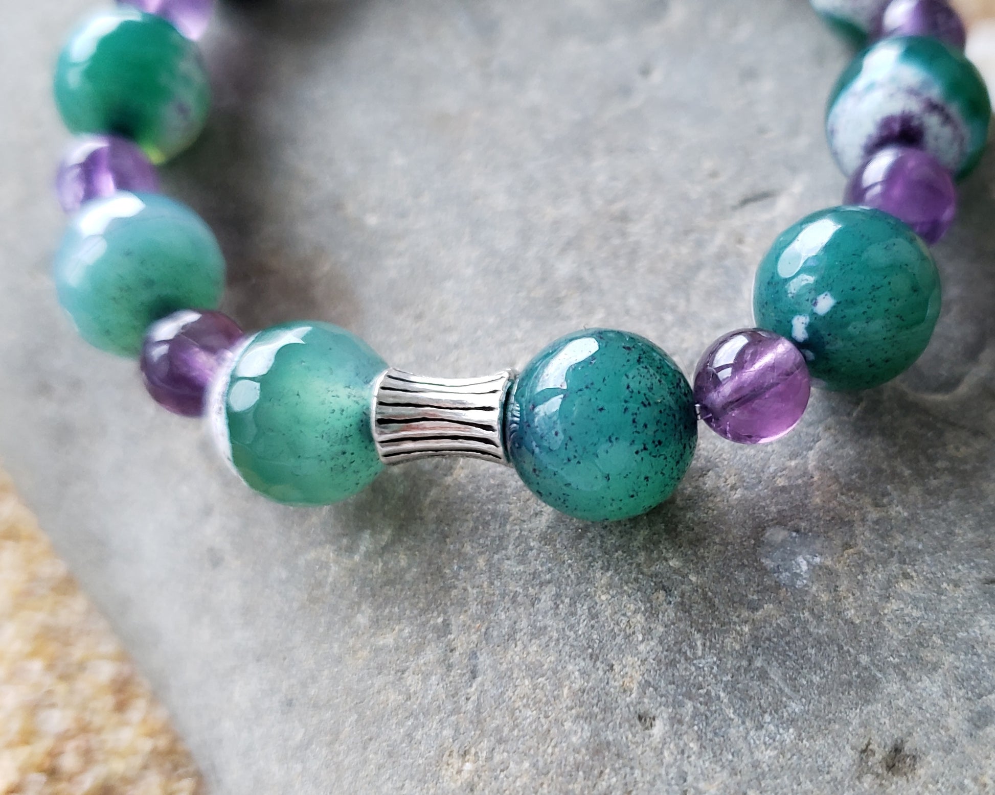 Beaded Amethyst and Green Agate Beaded Bracelet with silver tube bead.
