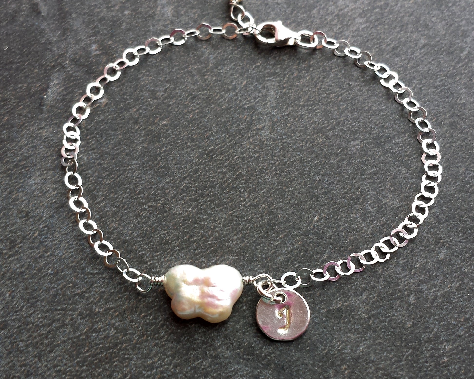 Handmade Butterfly Pearl Bracelet and Ankle Bracelet / Anklet made with 925 Sterling Silver and a Freshwater Cultured Pearl Butterfly, Hand Stamped Initial, Lobster Claw Clasp, Adjustable.