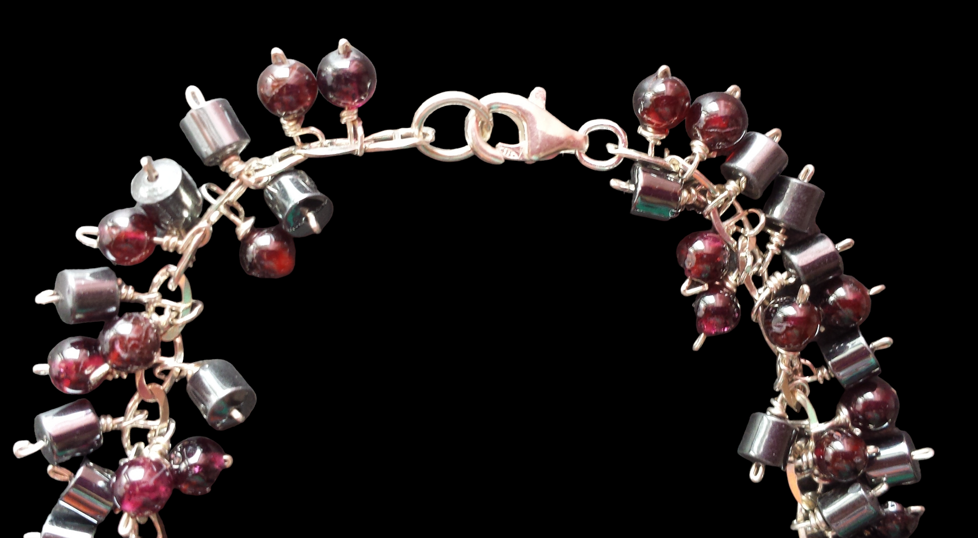 Eco Garnet Hematite Sumac Tree Cluster Bracelet, Upcycled Hematite and Deep Red Pink Garnets on Upcycled Sterling Silver