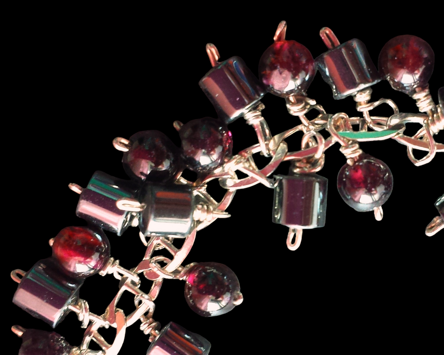 Eco Garnet Hematite Sumac Tree Cluster Bracelet, Upcycled Hematite and Deep Red Pink Garnets on Upcycled Sterling Silver