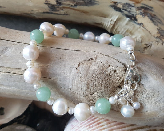 Luxury Jade & Pearl Bracelet, Beaded White Freshwater Cultured Pearls and Pale Green Jade