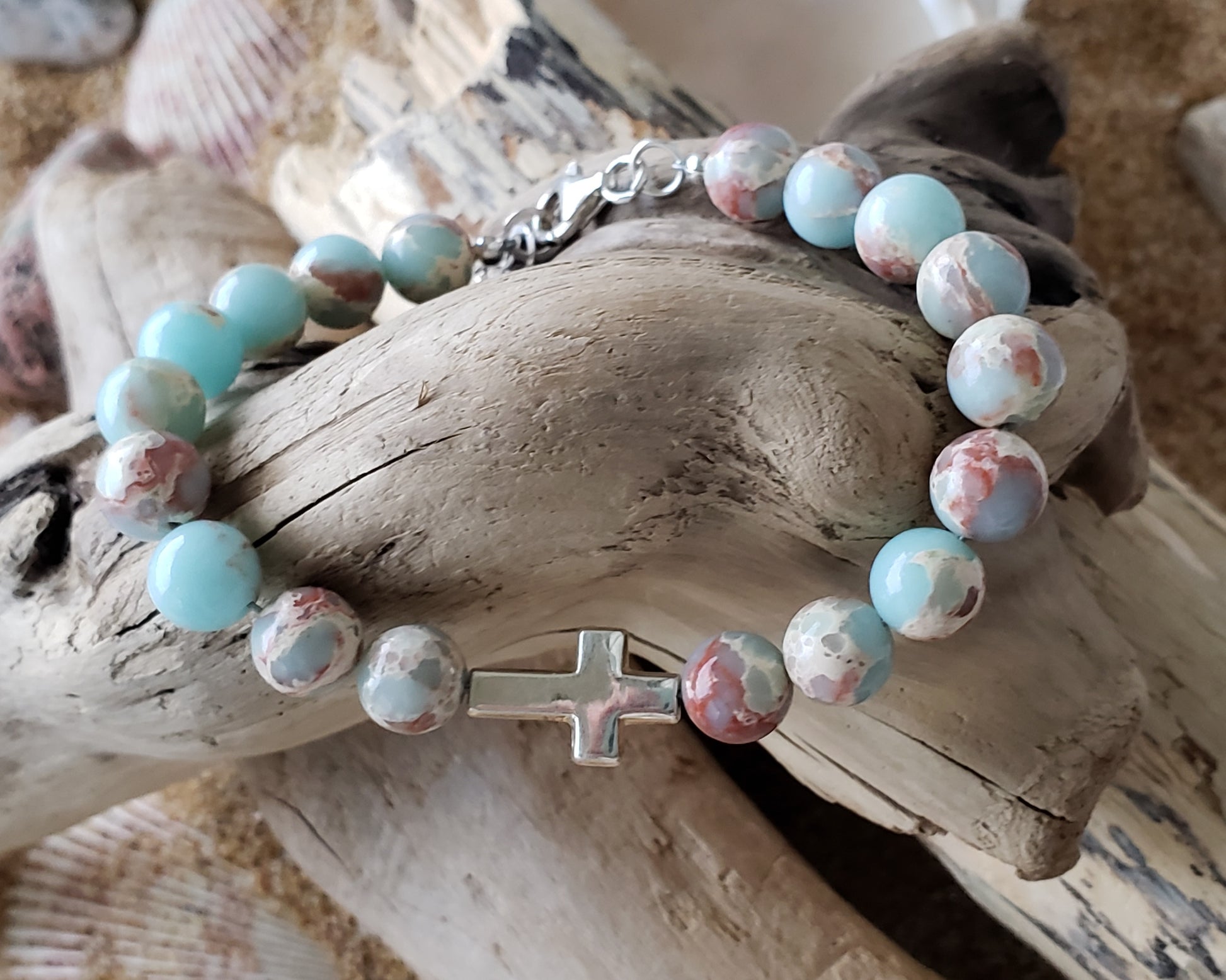 Aqua Sea Sediment Jasper Beaded Bracelet with Solid Sterling Silver, Sideways Cross, Psalm 113