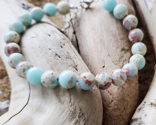 Imperial Jasper / Aqua Sea Sediment Jasper Beaded Bracelet with Sterling Silver