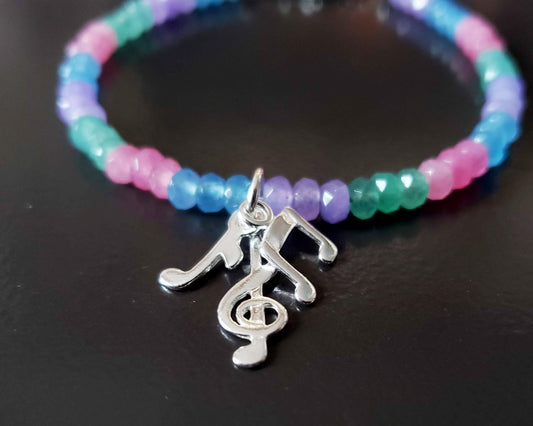Musical Spring Gemstone Music Symbol Bracelet, Beaded Multi Color Jade Bracelet with Music Symbol pendants. 