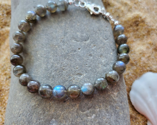 Labradorite Blue Flash Beaded Bracelet, Sterling Silver, AA Labradorite, Adjustable, Stacking Bracelet