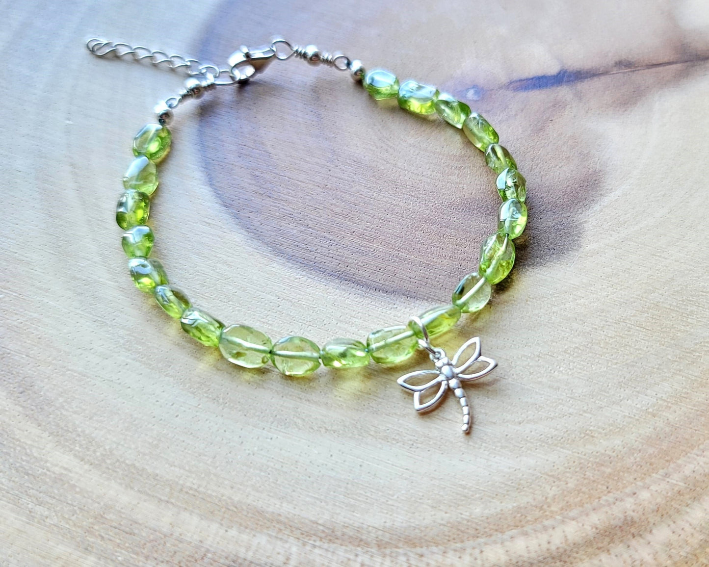 Joyful Dragonfly Peridot Beaded Bracelet, Eco Friendlier Beaded Vintage Peridot Stones with Sterling Silver Dragonfly pendant.