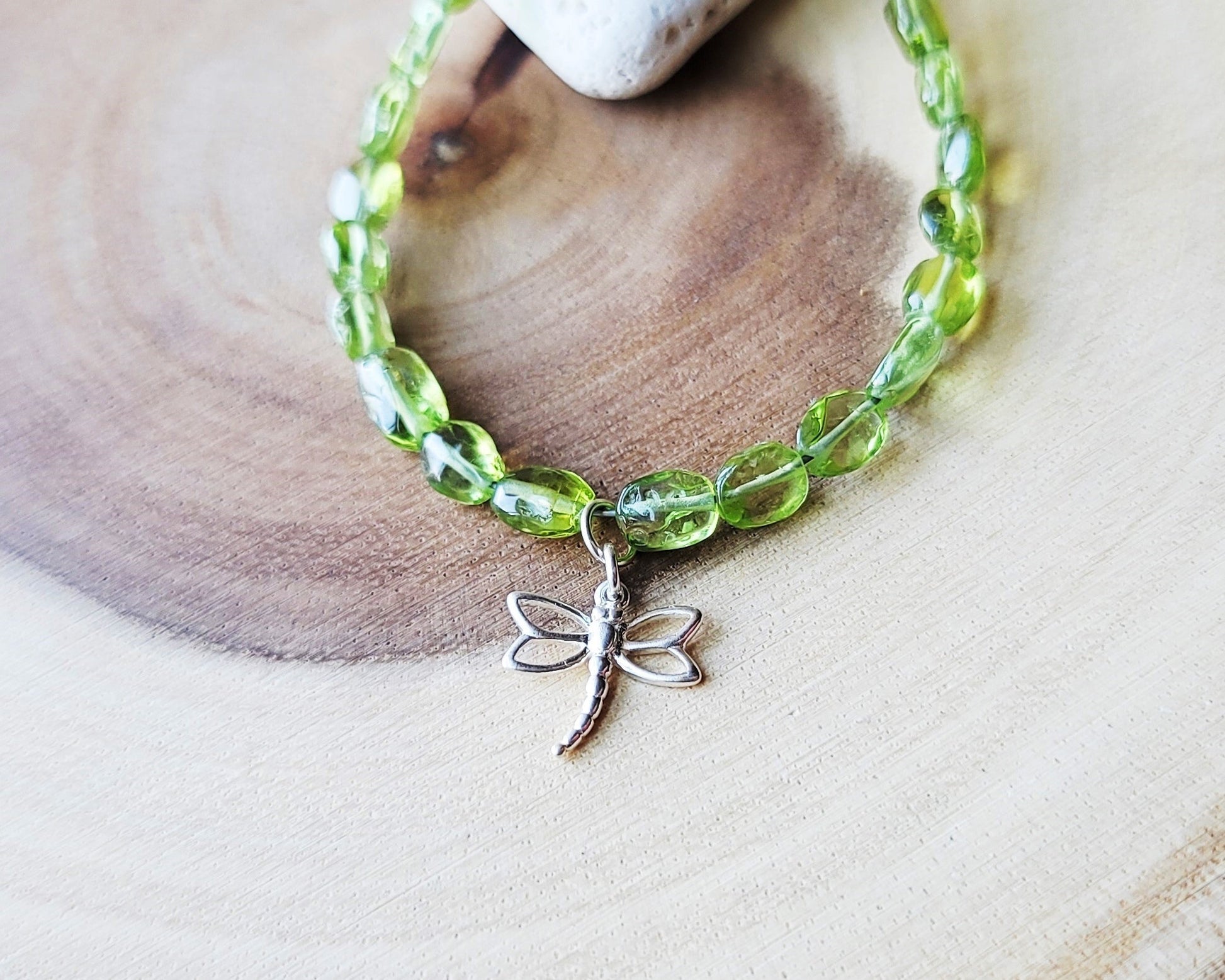 Joyful Dragonfly Peridot Beaded Bracelet, Eco Friendlier Beaded Vintage Peridot Stones with Sterling Silver Dragonfly pendant.