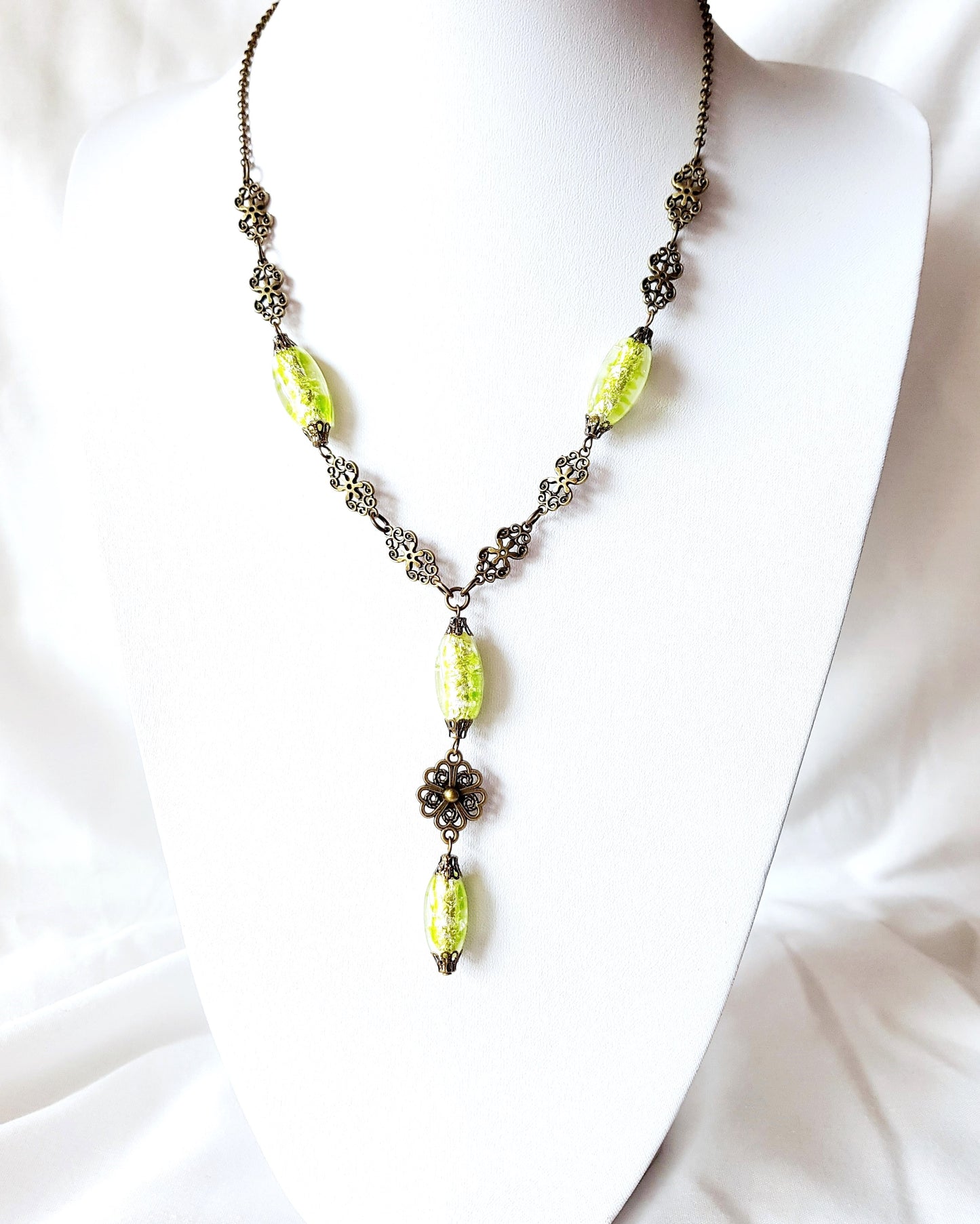    Lime Green Art Deco Fire Necklace-OOAK-Y Style Necklace-Vintage Foil Glass Beads-Antiqued Brass
