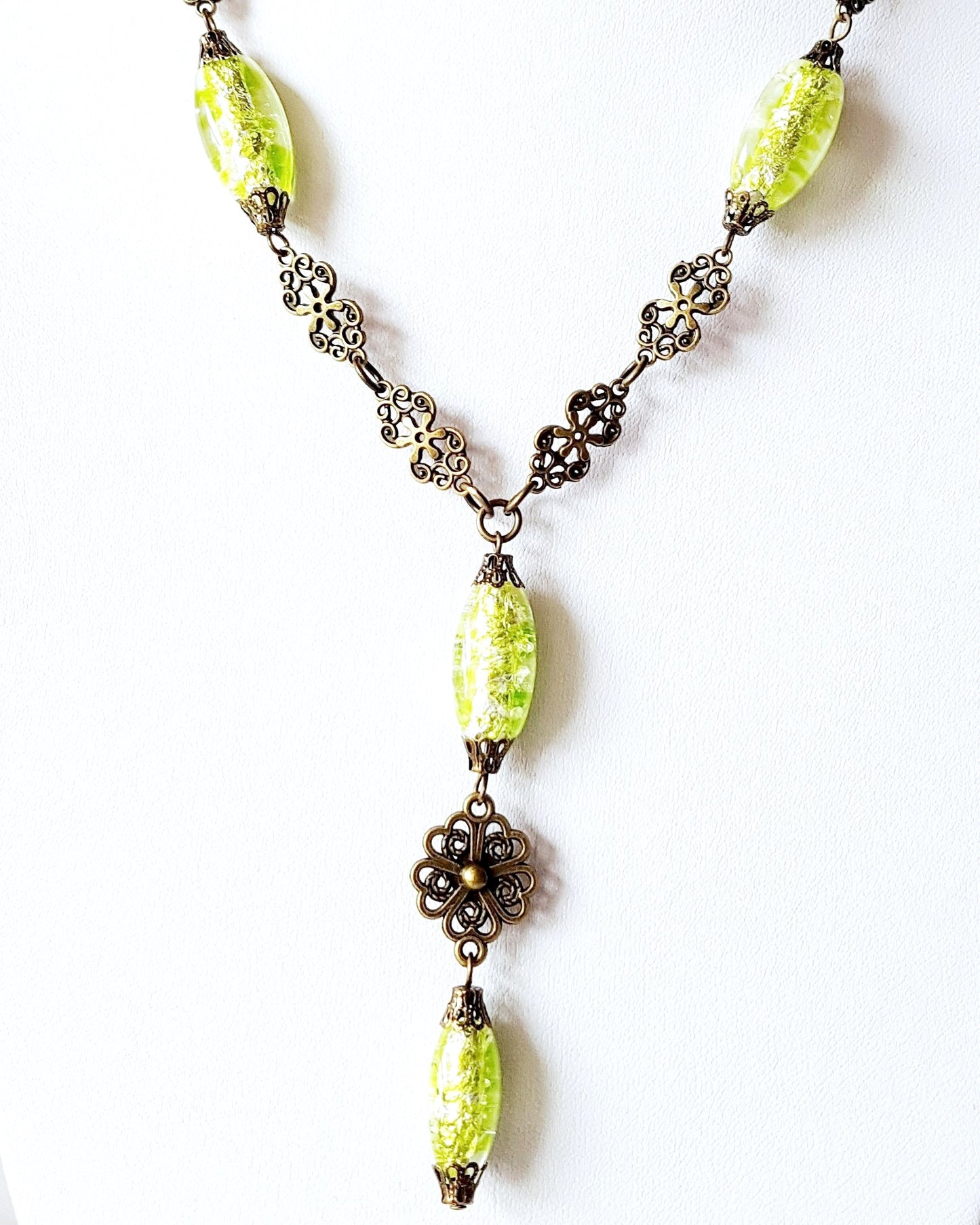    Lime Green Art Deco Fire Necklace-OOAK-Y Style Necklace-Vintage Foil Glass Beads-Antiqued Brass