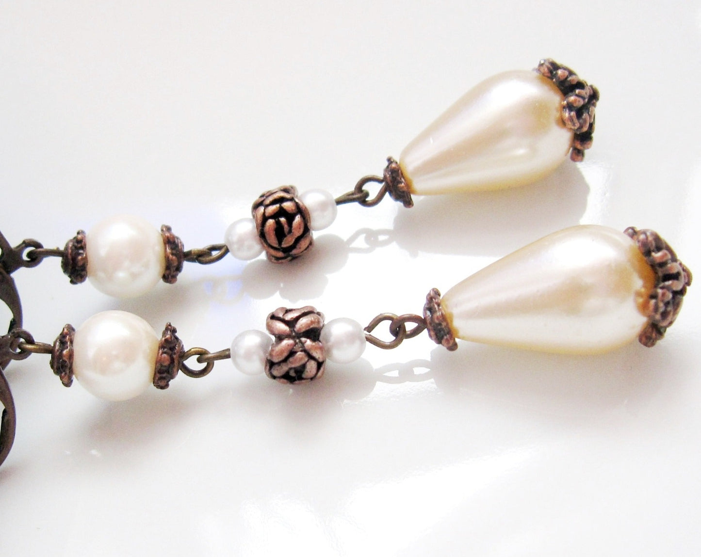 Antiqued Copper & Pearl Drop Earrings, Vintage Inspired Long Three Shades of White Pearl Earrings