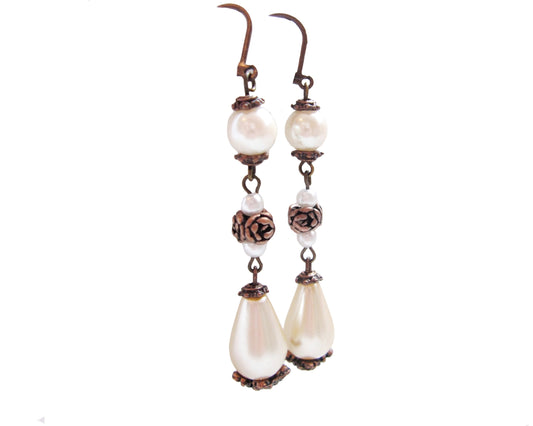 Antiqued Copper & Pearl Drop Earrings, Vintage Inspired Long Three Shades of White Pearl Earrings