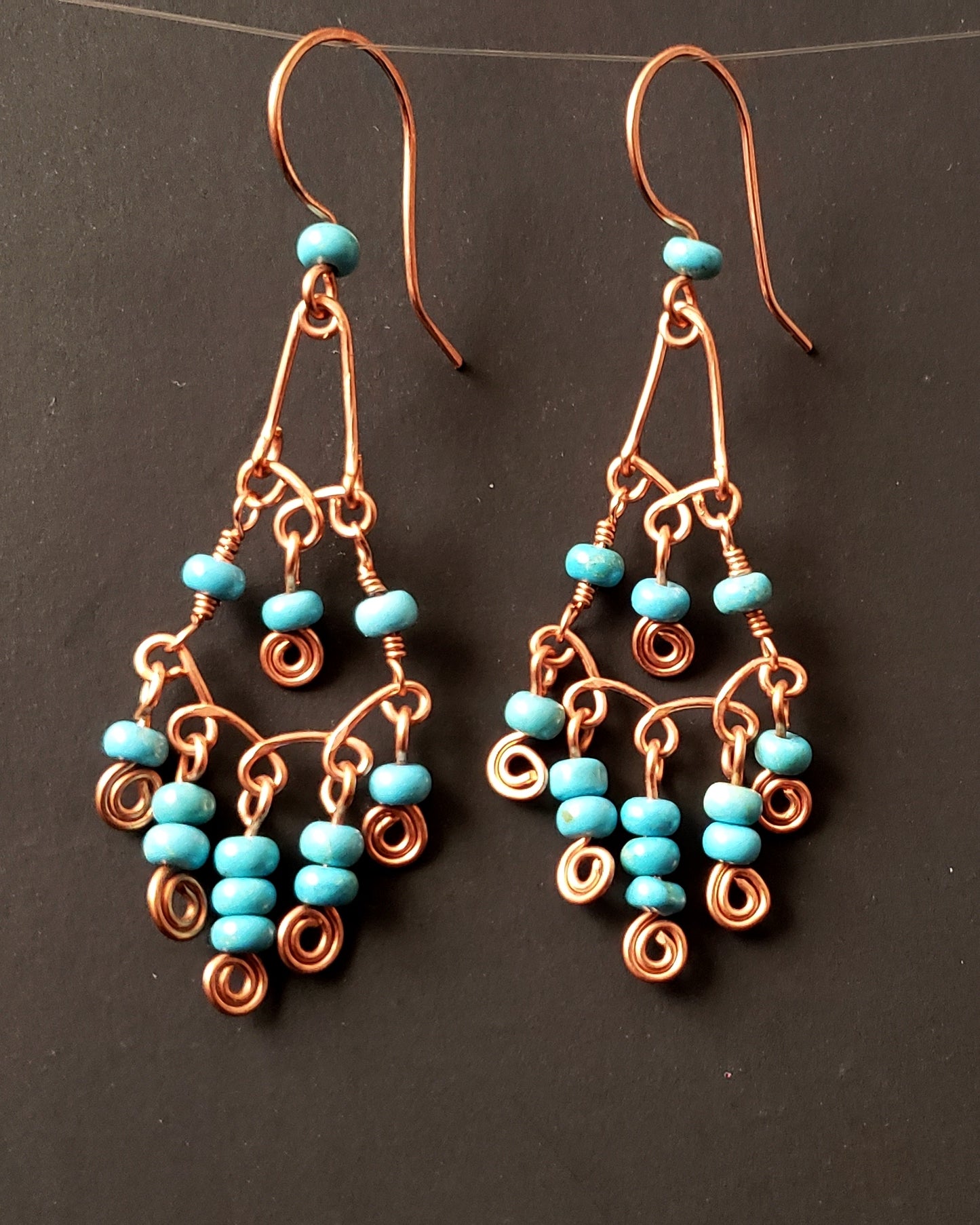 Long Celtic Copper Turquoise Chandler Earrings, turquoise Howlite, pure copper wire