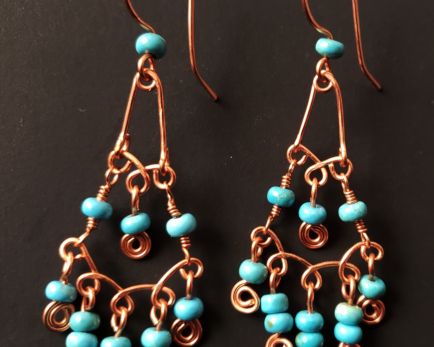 Long Celtic Copper Turquoise Chandler Earrings, turquoise Howlite, pure copper wire