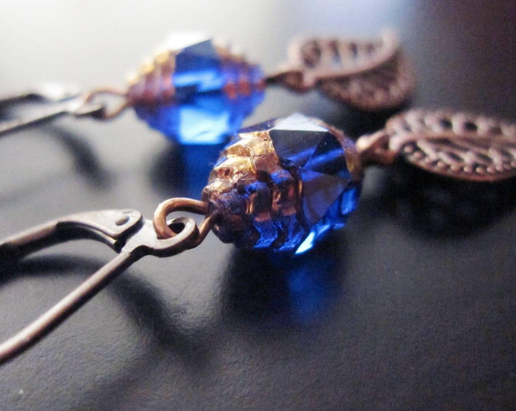 Copper Sapphire Life Earrings-Blue Czech Cathedral Beads & Copper Leafs