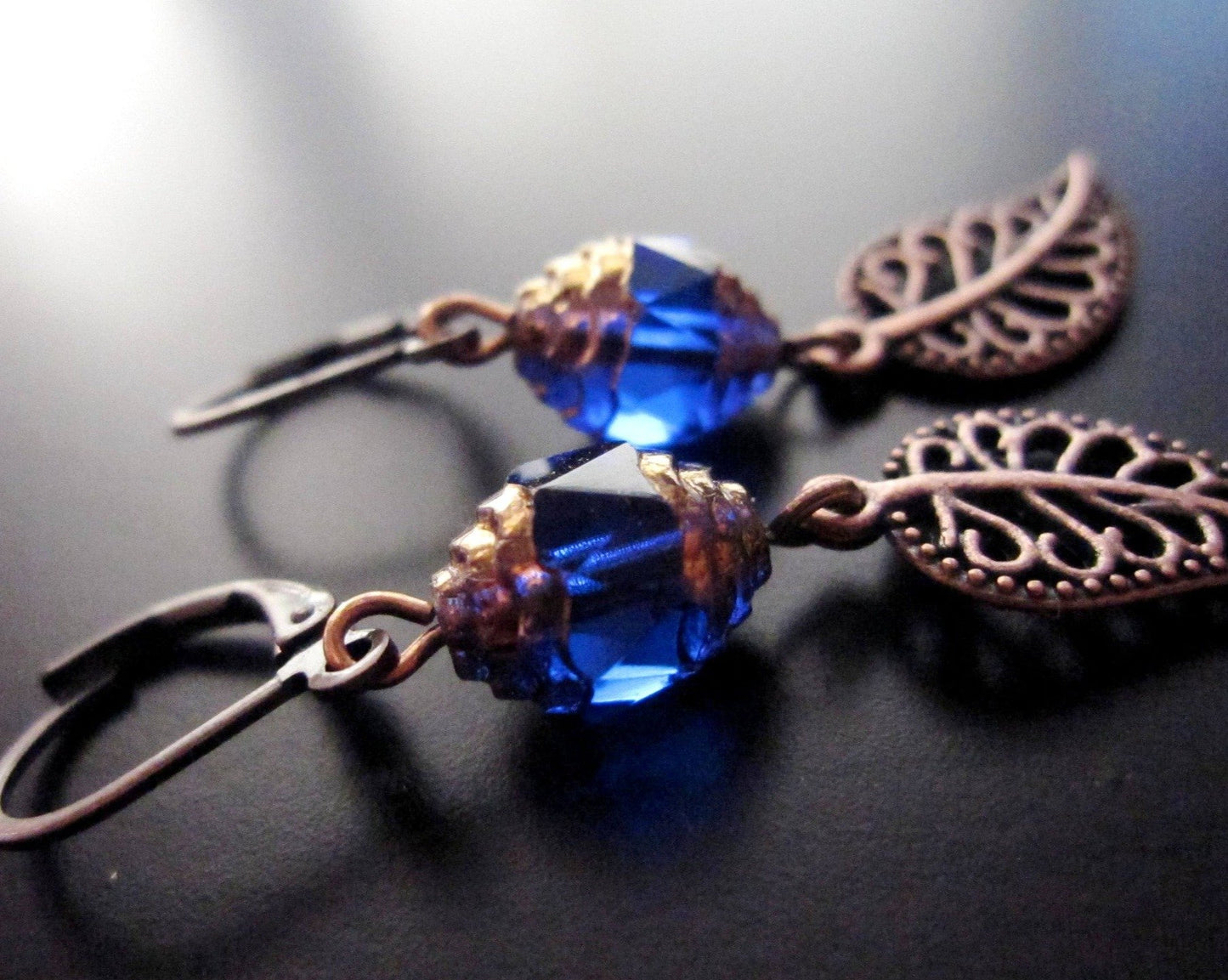 Copper Sapphire Life Earrings-Blue Czech Cathedral Beads & Copper Leafs