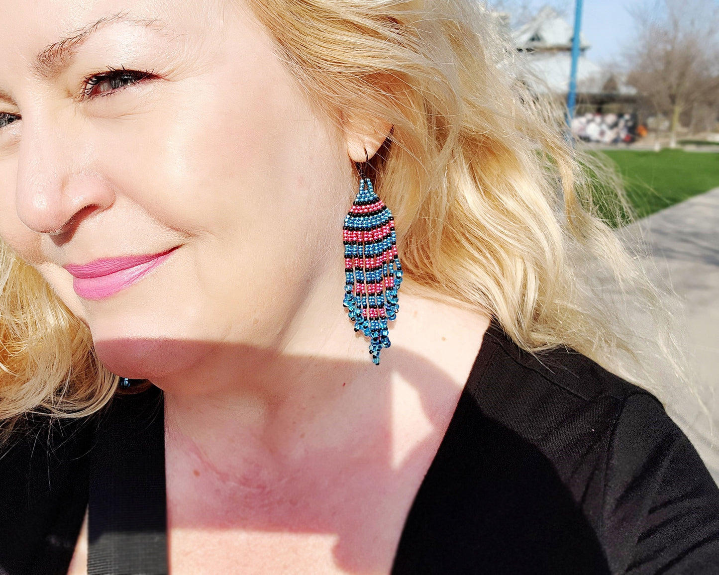 Long Fringe Earrings, Beaded with Fuchsia Pink, Aqua Blue and black seed beads. The extra-long earrings dangle from Gun metal earring hooks. 