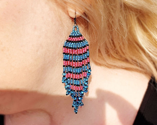 Long Fringe Earrings, Beaded with Fuchsia Pink, Aqua Blue and black seed beads. The extra-long earrings dangle from Gun metal earring hooks. 