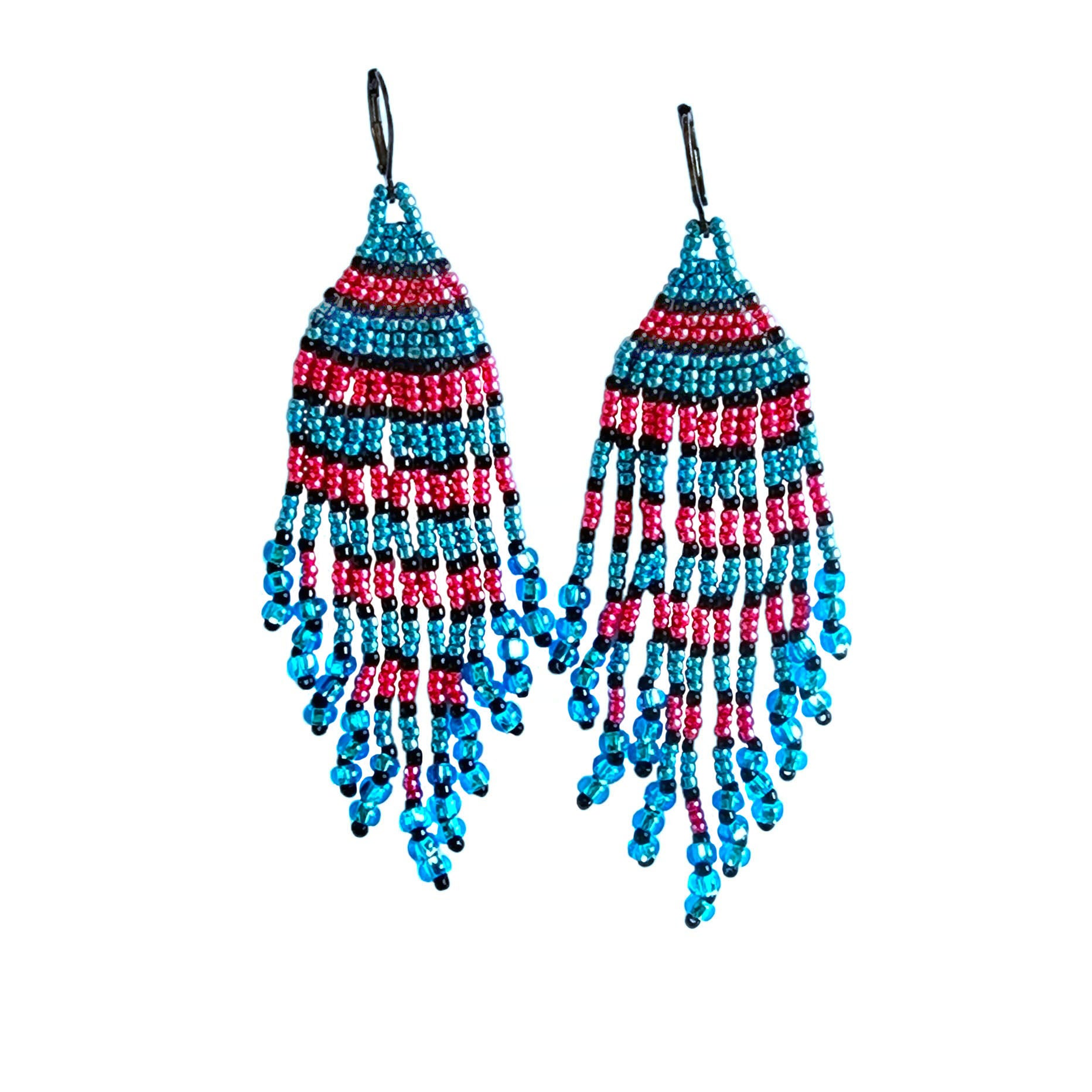 Long Fringe Earrings, Beaded with Fuchsia Pink, Aqua Blue and black seed beads. The extra-long earrings dangle from Gun metal earring hooks. 