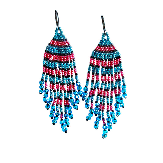 Long Fringe Earrings, Beaded with Fuchsia Pink, Aqua Blue and black seed beads. The extra-long earrings dangle from Gun metal earring hooks. 