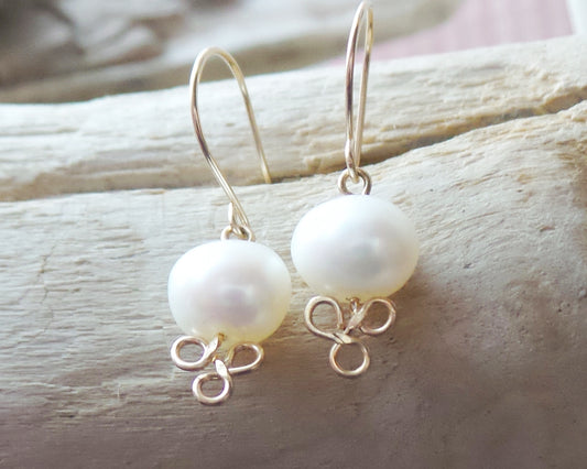 Golden Trinity Knot Pearl Earrings handmade with Freshwater Cultured Pearls 14k Gold Filled  