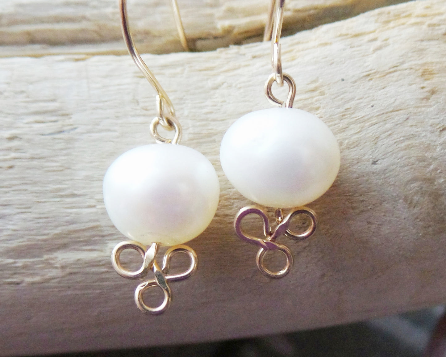 Golden Trinity Knot Pearl Earrings handmade with Freshwater Cultured Pearls 14k Gold Filled  