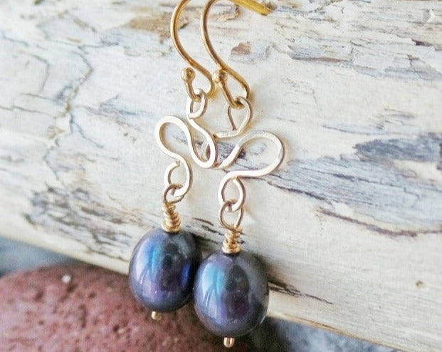 Golden Peacock Pearl Earrings-Handcrafted-One of a Kind- 14k Gold Filled-Grey Freshwater Cultured Pearls-Dangle Style