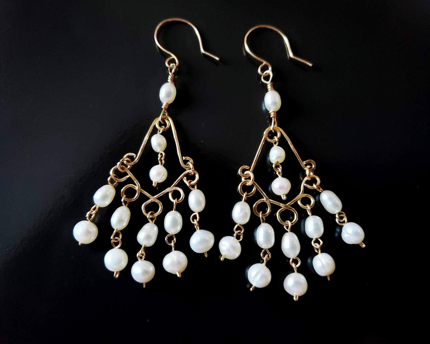 Bohemian Treasure Pearl Chandelier Earrings, Long White Pearl Earrings, 14k Gold Filled and Freshwater Cultured Pearls