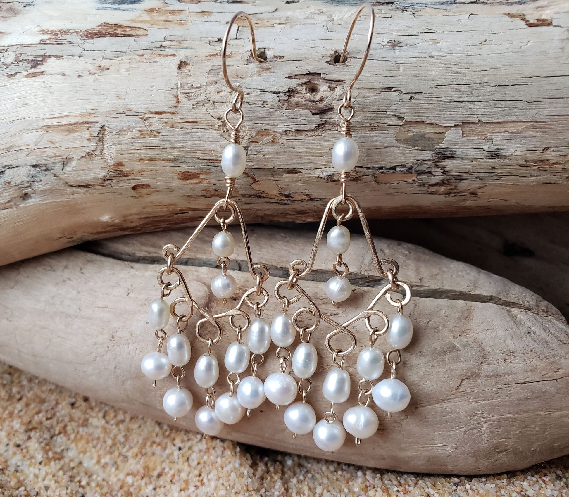 Bohemian Treasure Pearl Chandelier Earrings, Long White Pearl Earrings, 14k Gold Filled and Freshwater Cultured Pearls