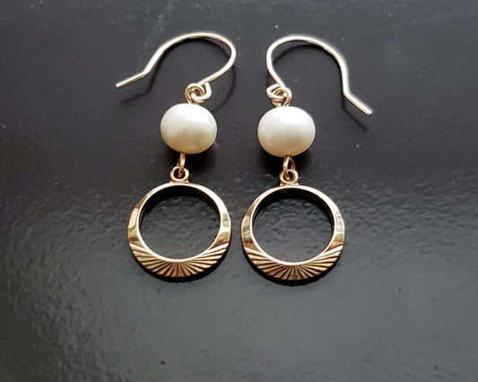 Gold Eternity Pearl Earrings, 14k Gold Filled, Vintage Gold Filled, Freshwater Cultured Pearls