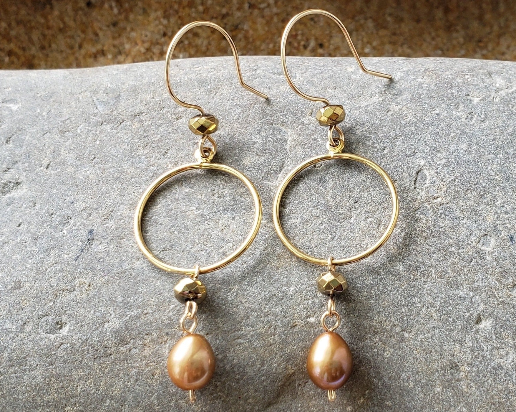 Long Gold Pearl Hoop Dangle Earrings 