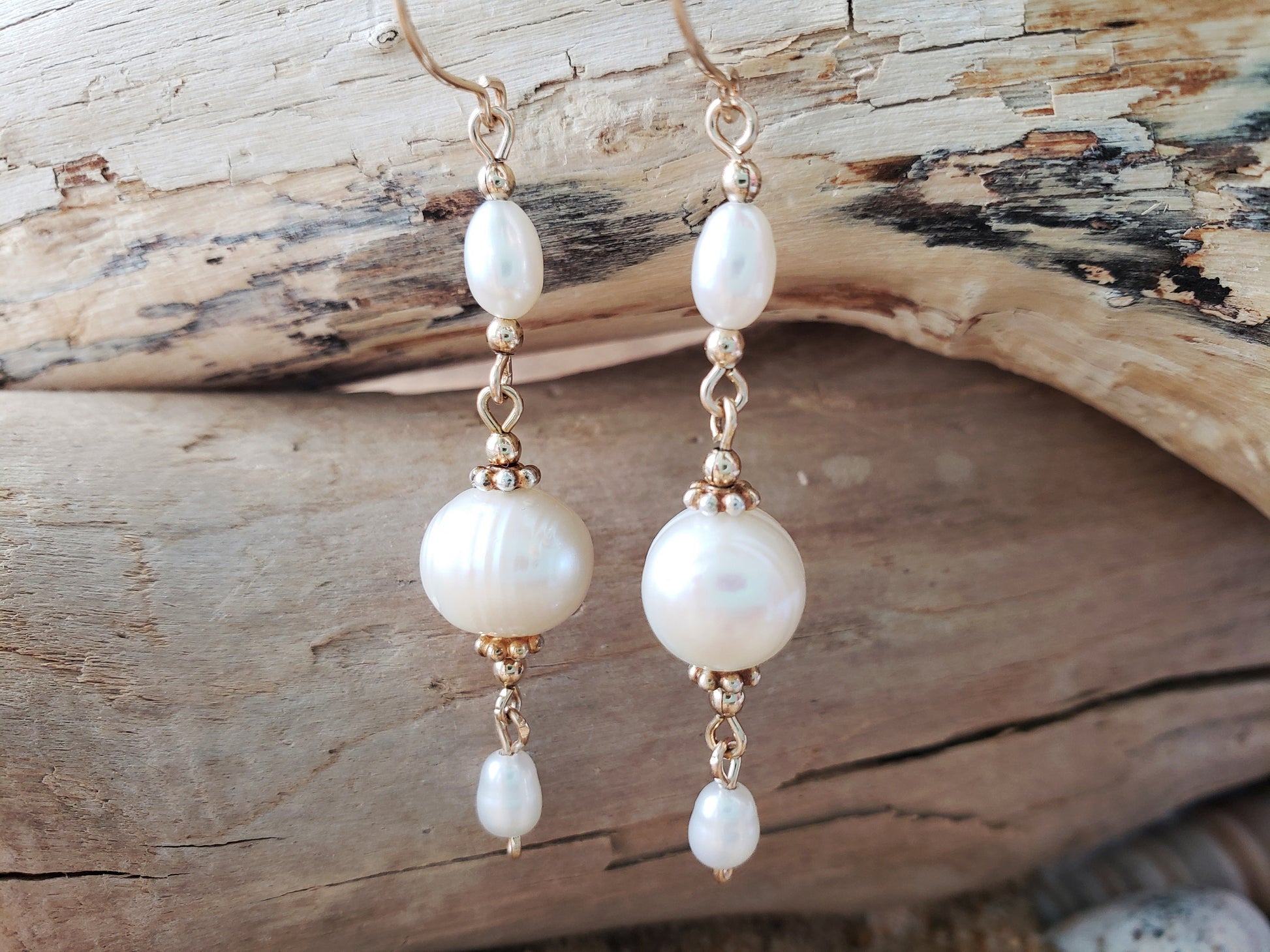 Long Harmony Pearl Earrings, Long Pearl Earrings made with 14k Gold Filled and white Freshwater Cultured Pearls