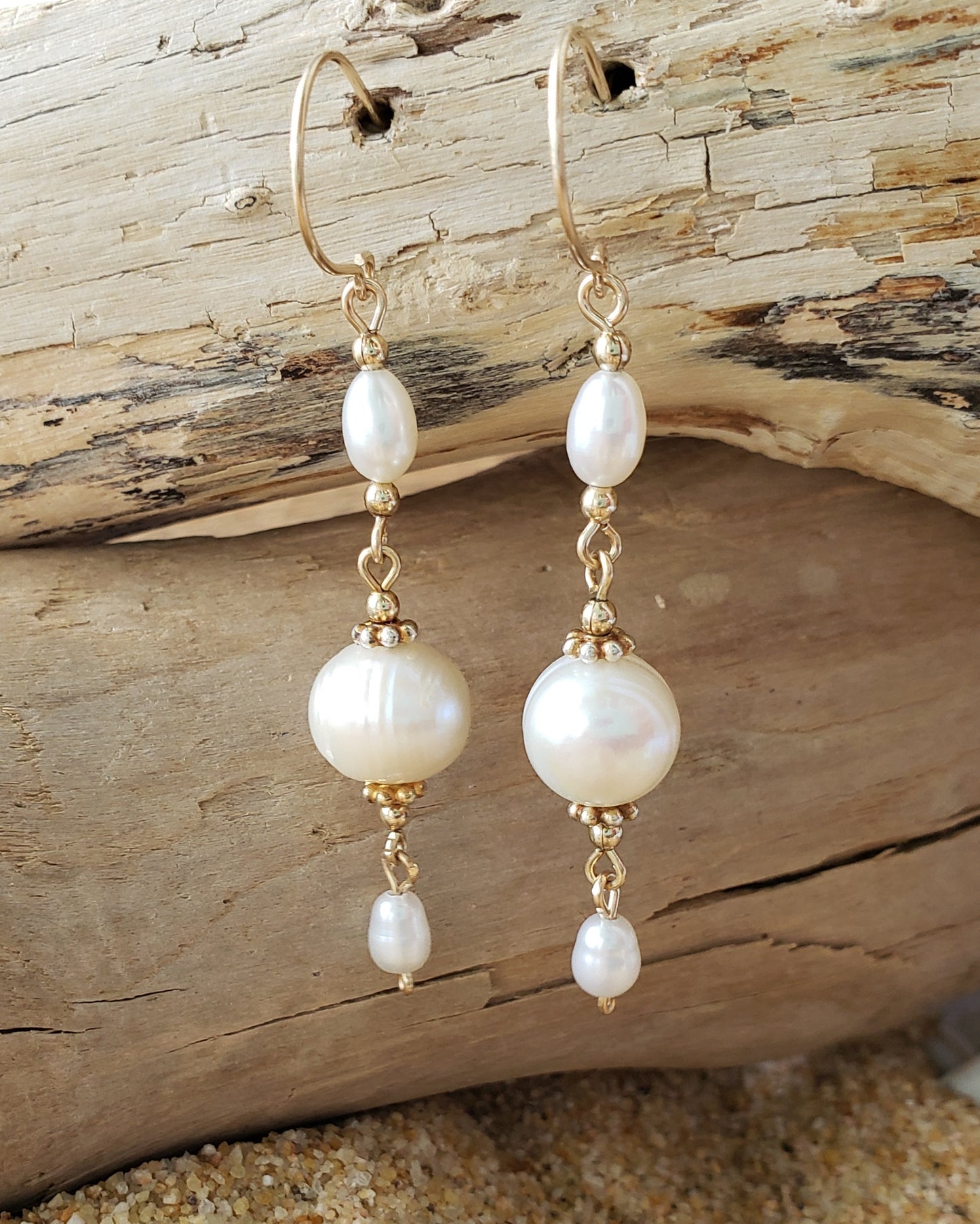 Long Harmony Pearl Earrings, Long Pearl Earrings made with 14k Gold Filled and white Freshwater Cultured Pearls