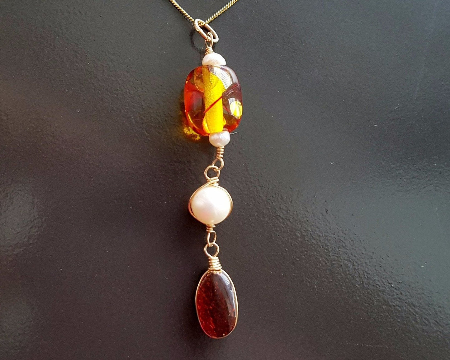 Art Deco Style Vintage Amber Pearl Pendant-Necklace